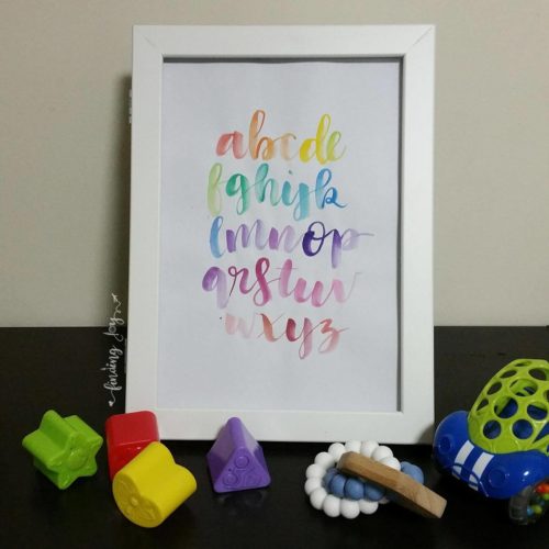 Perfect for the nursery: Brush Lettering Art | Alphabet in rainbow water colours | by @joyadanwrites