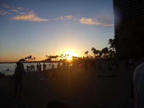 Sunset at the beach by Hilton Hawaiian Village. 