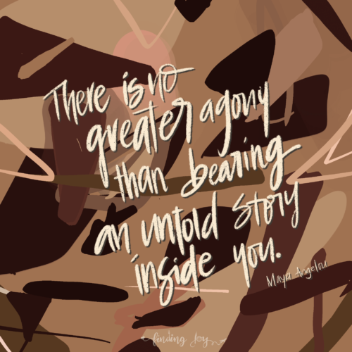 Digital drawing with shades of brown in the background. Words say: "There is no greater agony than bearing an untold story inside you. Maya Angelou" © Joy adan 2020