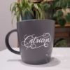 Grey matte personalised/customised mug with "Catriona" in white, hand-lettered calligraphy